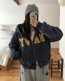 Navy Lettering Brushed Washing Hood Zip-Up