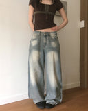 Binden side pin tuck back pocket wide denim pants