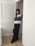 Wool Stripe Color Matching Button Round Long Sleeve Knitwear