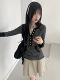 Mihoo Vintage Stripe Button Pocket Long Sleeve T-Shirt