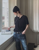 Nebi Shoulder Snap Henley Neck Short Sleeve T-shirt
