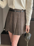 Deluel Wool Check Pleats Mini Skirt Pants (Belt set)