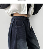 Washing Banding Heated Fabric Brushed Hem Snap Wide Fit Denim Pants XL~