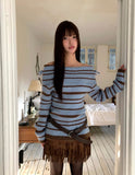 Mina Fold Slim Fit Ribbon Off-Shoulder Color Matching Stripe Knit