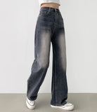 Elastic semi-wide washed denim pants XL Size