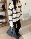 Cuff Stripe Color Matching Collar Loose Fit Long Sleeve Knit