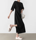 Waist Snap Button Loose Fit Cotton Long One Piece