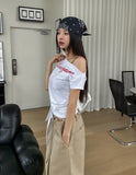 Royal lettering strap unbalanced shoulder short sleeves