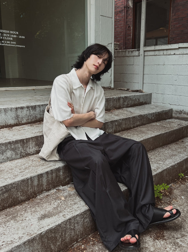 ポロシャツ HUECLOSET Dekki cropped tweed half shirt 2plan (ツープラン) - ダメージクロップツイードハーフシャツ