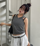 Terry Stripe Backless Halter Hooded Sleeveless