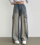 Cargo Pocket Washing Cut Line Wide Fit Denim Pants
