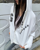 Kuhi Printing Strap Two-Way Zipper Loose Fit Hooded Zip-Up