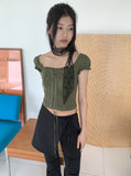 Tabl Green Corset Two-Way Off-Shoulder Short-Sleeve Blouse