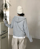 Puring Striped Diagonal Button Warmer Hoodie
