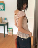 Kyohi Ribbon Pintuck Lace Short Sleeve Blouse