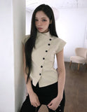 Newji Diagonal Button High-Neck Blouse Shirt
