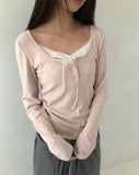 Dew Lace Loose Fit Button Shirring Long Sleeve T-Shirt
