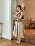 Okan Round Neck Pintuck Sleeveless Blouse (Belt Set)