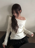 Fuzz Collar Rib Off-Shoulder Slit Long Sleeve Knit