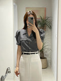 Muse Stripe Collar Puff Short Sleeve Shirt