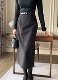 Cre wool pin tuck H-line slit long skirt (belt set)