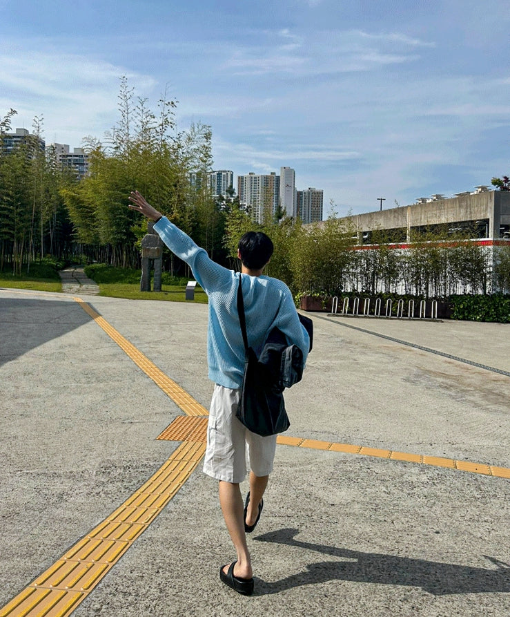 【COSYHARU】Blue Green F/W Overfit Knit Hand Knit Oversized Jumper Turquoise Sheer Mesh Sweater
