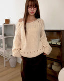 Lenu Punching Round Loose Fit Long Sleeve Long Knit
