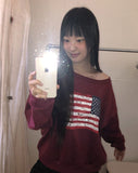 Murhit American Flag Printing One-Off Shoulder Long Sleeve Sweatshirt