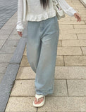 Moba Light Blue Rivet Pintuck Washing Wide Pants