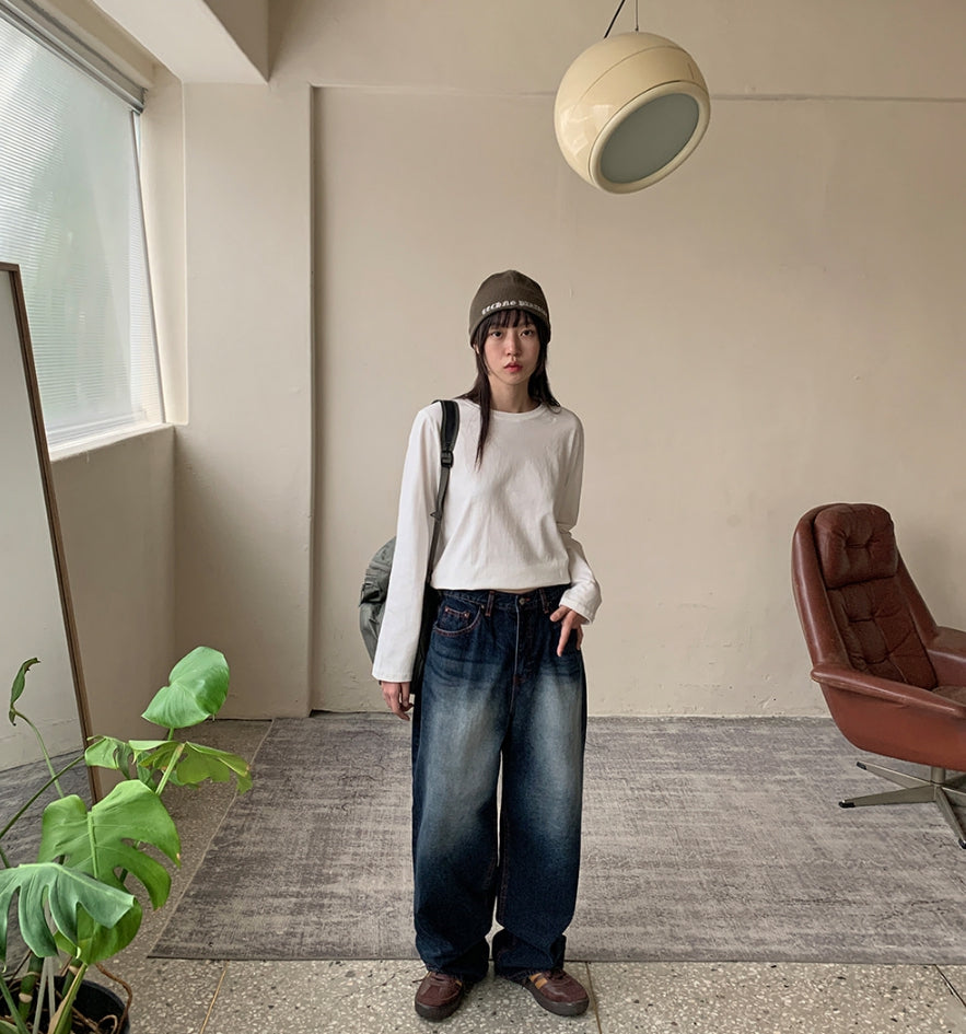 【BAON】Supima cut washed denim wide pants 