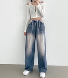 String Stopper Washing Long Wide Denim Pants