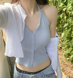 Halterneck Button With Cup Crop Rib Sleeveless