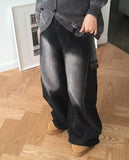 Mowell Black Washed Wide Cargo Denim Pants