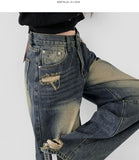 Unique Cut Line Damage Point Balloon Wide Denim Pants