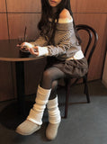 Boudin Stripe Loose Fit Off-Shoulder Button Knit