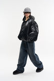 Phantom hooded glossy short padded jacket