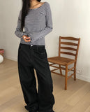 Kuman stitch cut button denim balloon fit long pants