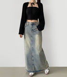 Slit H-line Washing Long Denim Skirt