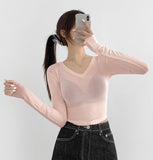 V-neck Rolling Crop See-Through Long Sleeve T-shirt