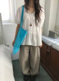 Munil Stripe V-Neck Half Button Blouse