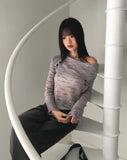 Kinbi Button Bokashi Crunchy Off-Shoulder Knit