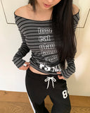 Muang Stripe Print One-Off Shoulder Long Sleeve T-Shirt