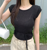 Punching Strap Ribbon Point Crop Short Sleeve Knit