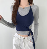 Halterneck Two-Tone Layered Ribbon Crop T-shirt