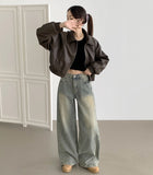 Autumn Pocket Zipper Loose Fit Leather Two-Way Crop Jacket