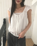 Punning Smoke Banding Pintuck Lace Short Sleeve Blouse