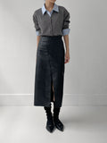 Leather Slit H-ine Long Skirt