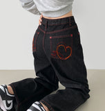 Raw Unique Red Stitch Heart Point Embroidery Wide Denim Pants