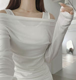 Drape Off-Shoulder Knit Layered Fake Layered T-shirt