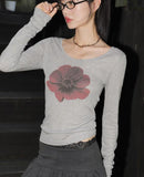 Kiving See-Through U-Neck Cosmos Flower Long Sleeve T-Shirt